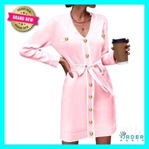 Long Sleeve Button Down Sweater Dress Elegant V Neck Open Front Knit Cardigan